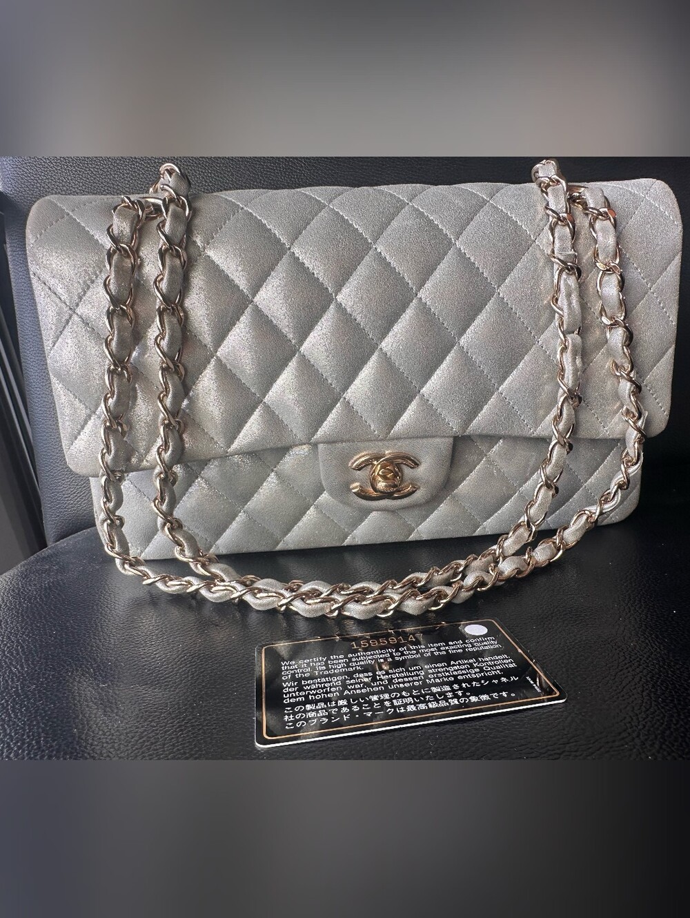 CHANEL Silver Quilted Calfskin Medium Double Flap